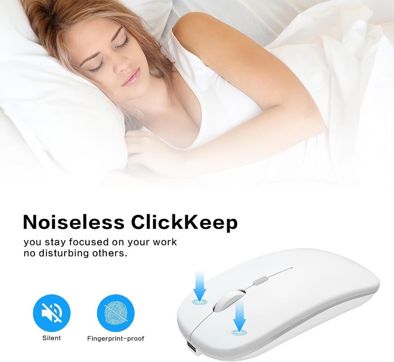 AOLIKOKO فأرة بلوتوث لاسلكية قابلة لإعادة الشحن للكمبيوتر المحمول (بلوتوث 5.2 و USB 2.4G) اتصال مزدوج صامت نحيف لفأرة الكمبيوتر للكمبيوتر المحمول / جهاز iPad اللوحي / Apple MacBook / PC (أبيض ساطع) - Image 4